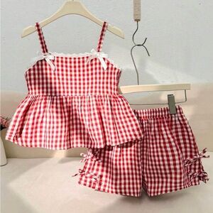 Girls Red Gingham Peplum Tank + Shorts Set